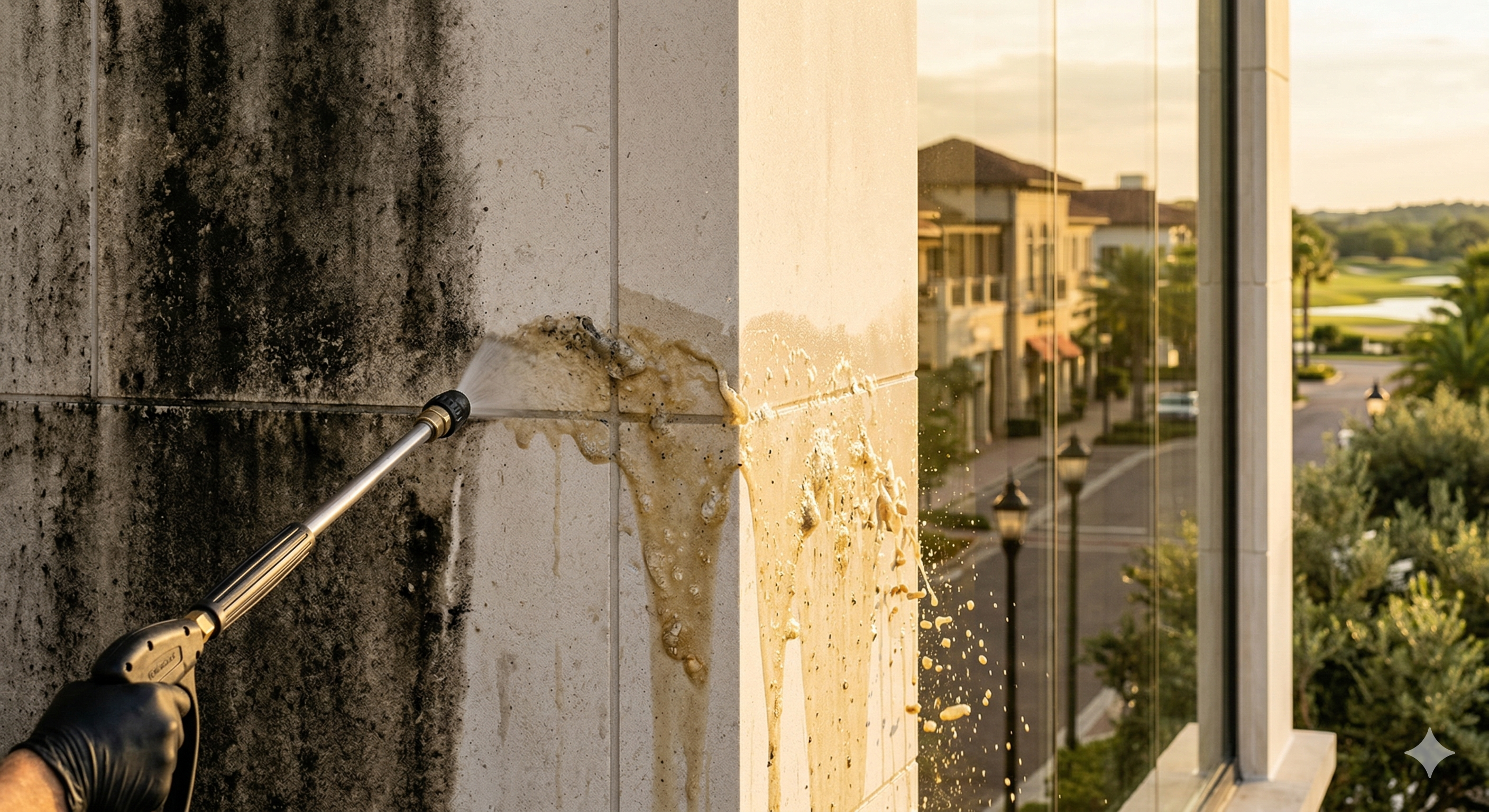 Commercial building being pressure washed