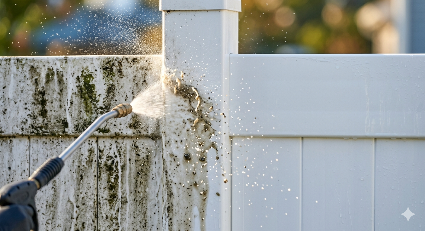 Vinyl fence being pressure washed